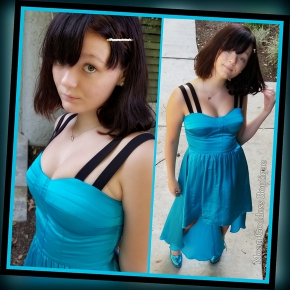 GUESS ✦ High‑Low Party Dress ✦ Silky Blue Black Strappy Open Back Lined Y2K 2 - Picture 8 of 11